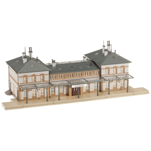 FALLER Bahnhof Karlsberg Modellbausatz mit 363 Einzelteilen 295 x 129 x 80 mm I Modelleisenbahn Zubehör N Gebäude I Modelleisenbahn N Stadtbahnhof, Grau und Creme von FALLER