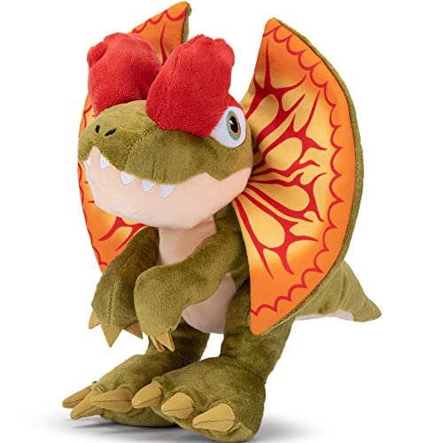 Famosa Softies Jurassic World Dilophosaurus Plüschfigur, 25 cm, mit Sockel, weiche und weiche Puppe mit ökologischer Füllung, für Jurassic Park Fans und Kinder ab 0 Jahren (760021456) von Famosa softies