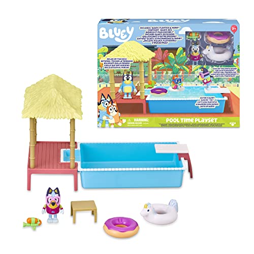 Bluey Playset Pool Time, Pool, Spielzeug-Set komplett mit 1 Mini-Figur-Zubehör, ideal für die Vervollständigung des Hauses, Jungen und Mädchen ab 3 Jahren, Berühmte (BLY22000) von BlueY