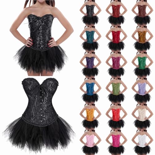 korsett damen blau türkis, Damen Corsage Korsett mit Rock Schwarz Tüllrock 50er Retro Ballet Tanzrock Große Größen Faschingskostüme Petticoat Unterrock TüTü Bustier Corset Top Karneval Kostüm von Famzuneu