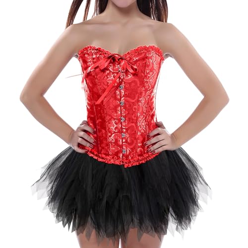 korsett damen braun leder, Damen Corsage Korsett mit Rock Schwarz Tüllrock 50er Retro Ballet Tanzrock Große Größen Faschingskostüme Petticoat Unterrock TüTü Bustier Corset Top Karneval Kostüm von Famzuneu