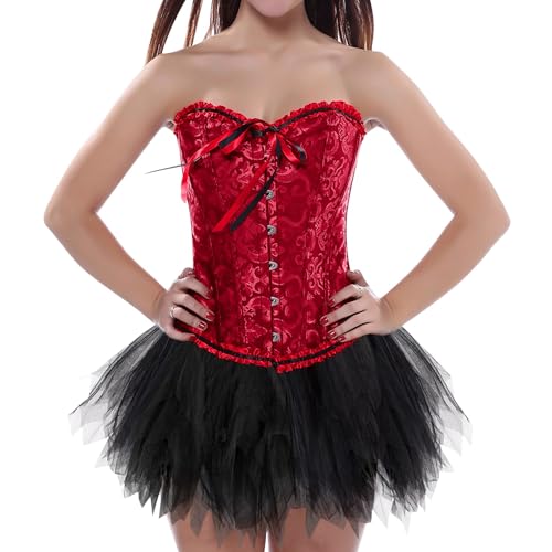 korsett damen rot mit ärmeln, Damen Corsage Korsett mit Rock Schwarz Tüllrock 50er Retro Ballet Tanzrock Große Größen Faschingskostüme Petticoat Unterrock TüTü Bustier Corset Top Karneval Kostüm von Famzuneu