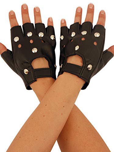 Damen Schwarz Kunstleder Nieten Fingerlose Biker Maskenkostüm Handschuhe von Fancy Me