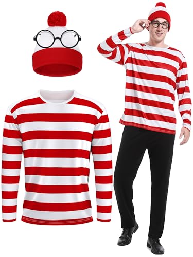 FancyFun 3PCS Herren Halloween Kostüm Set, Erwachsene Cosplay Kostüme Rot und Weiß Gestreiftes Shirt mit Beanie Mütze und Nerd Brille M von FancyFun