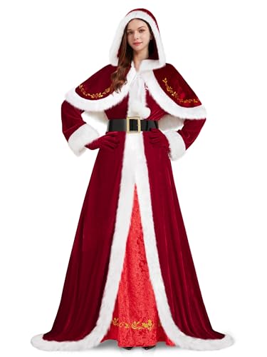 FancyFun 4 Stück Mrs Claus Kostüm für Damen, Erwachsene Santa Kostüme Claus Kleid Weihnachten Outfit mit Kapuze Umhang Handschuhe Gürtel 2XL von FancyFun