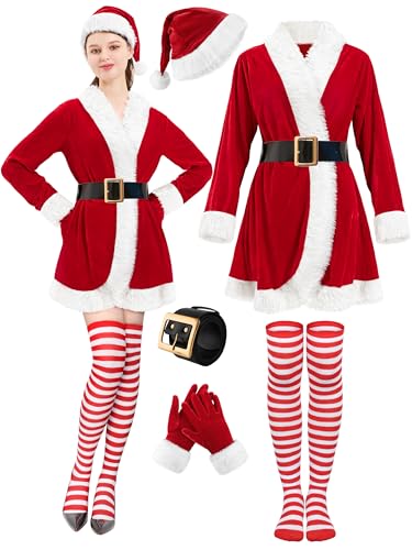 FancyFun 5 Stück Mrs Claus Kostüm Erwachsene Damen, Weihnachtsmann Weihnachtskostüme Outfits für Frauen Samtkleid mit Gürtel Hohe Socken Hut Handschuhe Cosplay L von FancyFun