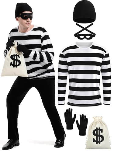 FancyFun 5PCS Halloween Kostüm Set, Herren Räuber Kostüm Halloween Cosplay Kostüme Einbrecher Zubehör Gestreiftes Hemd für Erwachsene S von FancyFun