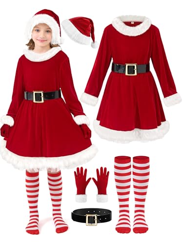 FancyFun 5er-Pack Weihnachtsmann-Kleid, Weihnachtsmann-Kleid für Mädchen, Kinder, Weihnachtsmann-Kostüm, Mädchen mit Gürtel, Hut, Weihnachten, Cosplay, 8–10 Jahre von FancyFun