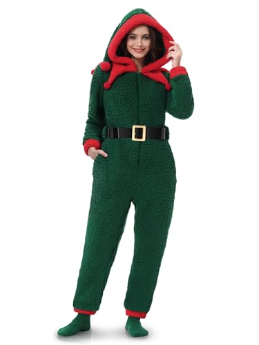 FancyFun Damen Elf Onesie Weihnachten Kostüm Pyjama Grün Elf Outfit Einteiler Urlaub Weihnachtsmann mit Socken von FancyFun