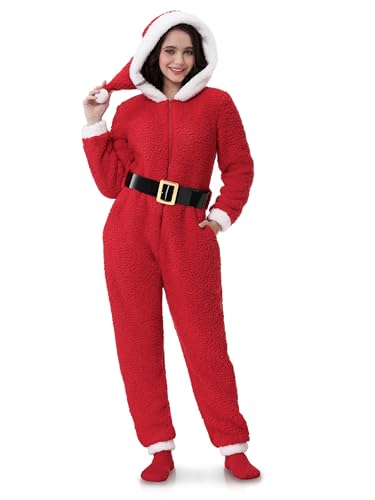 FancyFun Damen Elf Onesie Weihnachten Kostüm Pyjama Grün Elf Outfit Einteiler Urlaub Weihnachtsmann mit Socken von FancyFun