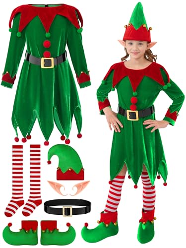 FancyFun Weihnachtselfenkostüm für Mädchen, Weihnachtsmann-Helfer-Kostüm, Samtkleid, Weihnachts-Outfit, Elfenmütze, Schuhe, Ohren, Gürtel, Socken von FancyFun