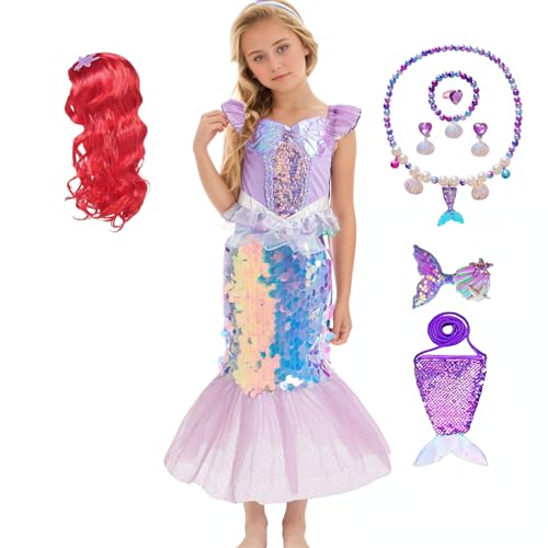 Fancyland Meerjungfrau Glanz Kostüm Set für Mädchen, Kleid mit Perücke und Meerjungfrau-Halsketten-Set, Lila, für Karneval, Halloween, Weihnachten, Cosplay (100) von Fancyland