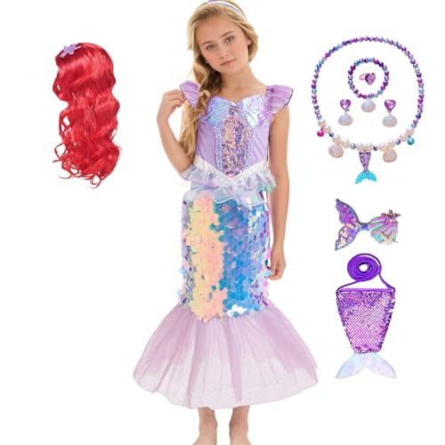 Fancyland Meerjungfrau Glanz Kostüm Set für Mädchen, Kleid mit Perücke und Meerjungfrau-Halsketten-Set, Lila, für Karneval, Halloween, Weihnachten, Cosplay (90) von Fancyland