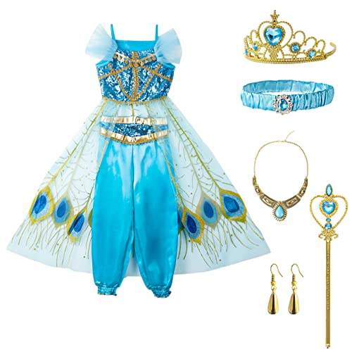 Jasmin Prinzessin Kostüm für Mädchen Aladdin Prinzessin Kostüm Jasmin Dress Up Mädchen Verkleidung Kinder Outfit Weihnachten Halloween Party Rollenspiel Outfit (Jasmin, 10-11 Jahre (150)) von Fancyset