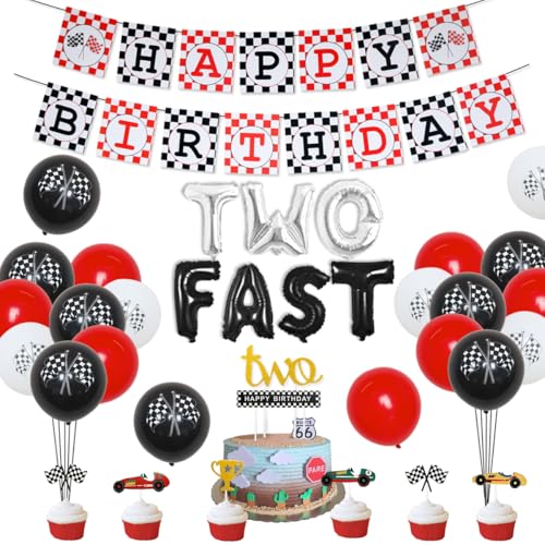 Autos 2. Geburtstagsfeier Dekorationen Zwei schnelle Rennwagen Geburtstagsfeier liefert Monster Truck Ballons Alles Gute zum Geburtstag Banner Cake Topper von Fangleland