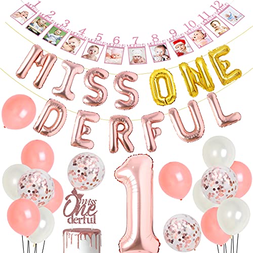 1. Geburtstag Dekorationen für Mädchen Miss Onederful Luftballons Banner Rose Gold Monatliches Foto Banner Cake Topper Little Miss Wonderful First Birthday Party Supplies von Fangleland