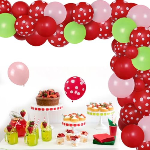 Erdbeer-Party-Dekorationen Geburtstags-Ballon-Girlanden-Kit für Mädchen Rosa 1. 2. Geburtstagsfeier-Lieferungen Erdbeer-rote und weiße Tupfenballons von Fangleland