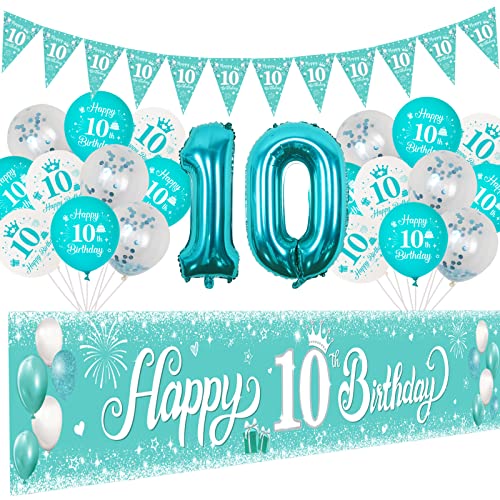 Fangleland 10 Geburtstag Dekorationen Mädchen Teal Blue, Double Digits Geburtstag Dekorationen mit Happy 10th Birthday Folienballons Yard Banner 3.0x0.5m und Wimpelkette für Türkis Geburtstag Party von Fangleland