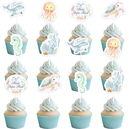 Fangleland 24Pcs unter dem Meer 5. Geburtstag Cupcake Topper, Meerestiere tauchen in fünf Cupcake Picks fünfte Geburtstag Dekorationen, Meerjungfrau 5 Jahre alte Bday Party Dekor Zubehör von Fangleland