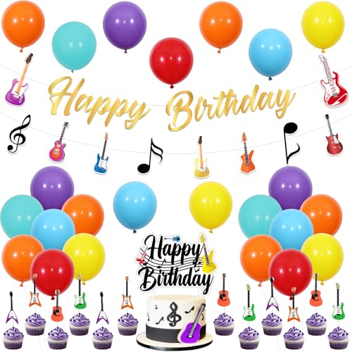 Fangleland Gitarre Geburtstag Dekorationen, Gitarre Happy Birthday Banner Kuchen Cupcake Toppers Ballon Rock Gitarre Musiknote Geburtstag Dekor, Gitarre Musikliebhaber Musiker Thema Geburtstag Party von Fangleland