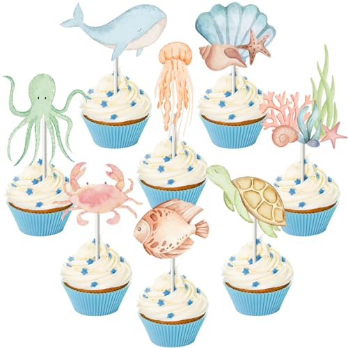 Fangleland Under The Sea Cupcake Toppers Birthday Cake Decorations, Ocean Animal Theme Cupcake Toppers, Ocean Creature Wal Turtle Octopus Fish Cupcake Birthday Baby Shower Party Supplies von Fangleland