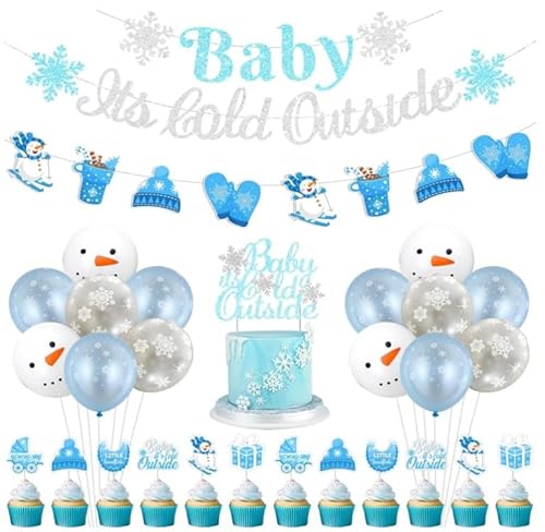 Fangleland Winter-Babyparty-Dekorationen, blau, Baby It's Cold Outside Banner Kuchen Cupcake Toppers Schneemann Schneeflocke Ballon Babyparty Schild Dekor, Winter Schnee Geschlecht Enthüllung Party von Fangleland