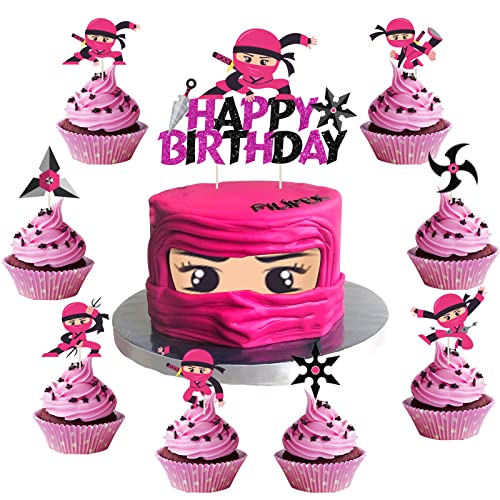 Ninja Happy Birthday Tortenaufsätze Set Pink für Mädchen Krieger Ninja Master Thema Babyparty Geburtstag Party Dekorationen Supplies 25 Stück von Fangleland