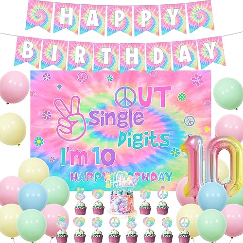 Tie Dye 10. Geburtstag Dekorationen für Mädchen, Frieden aus einzelnen Ziffern bin ich 10 Pastell Macarons Backdrop Ballons 60er 70er Hippie Thema zehnten Geburtstag Partyzubehör von Fangleland