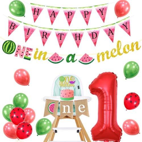 Wassermelone Erster Geburtstag Dekorationen One in A Melone Girlande Kuchen Topper Hochstuhl Banner Luftballons, Jungen oder Mädchen Sommer Obst Thema 1. Geburtstag Party Supplies von Fangleland