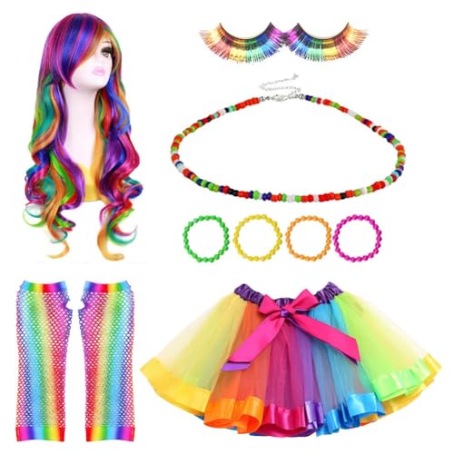 Fangxuee Regenbogenperücke, Langes Lockiges Tüllrock-Handschuhe-Kleid-Set für Cosplay-Kostüme Tanzkostüme Requisiten-Zubehör von Fangxuee