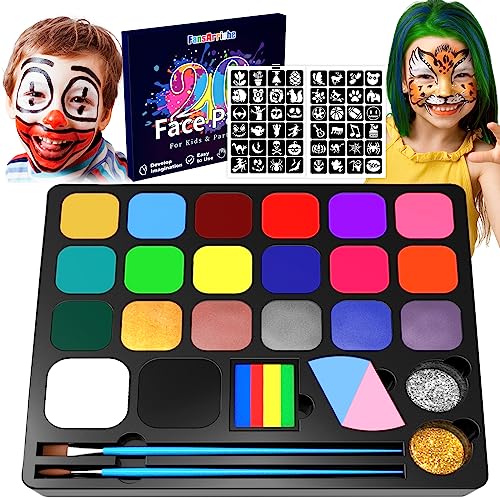 FansArriche Kinderschminke Set - 20 Farben, Schminkset für Kinder, Make-up & Gesichtsfarben, Körperfarbe Kinder, waschbare Malpalette, Glitzer, Edelsteine, Make-up-Set für Halloween, Partys, Festivals von FansArriche