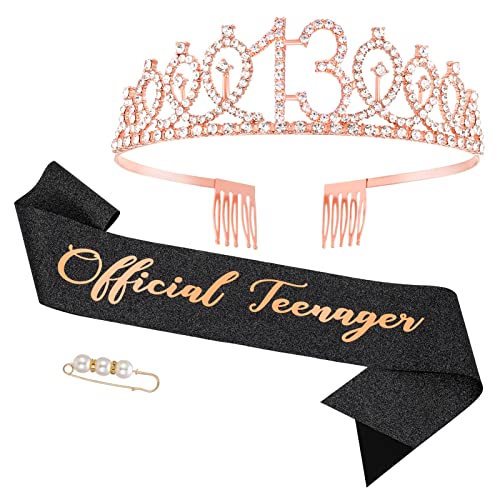 Fanshiontide 13.Geburtstag Schärpe und Geburtstagskrone,Roségold 13 Krone Strass Tiara & Official Teenager Geprägter für 13 Geburtstag Mädchen Alles Gute zum 13. Geburtstag Party Deko Supplies von Fanshiontide