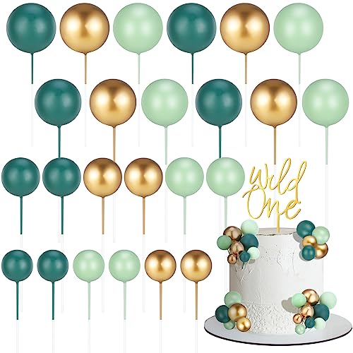 Fanshiontide 25 Stück Tortendeko Kugel Grün 1.Geburtstag Mini Schaum Ball Kuchen Topper mit Wild One Cake Topper DIY Insert Topper 1.Geburtstag Tortendeko für Geburtstag Mädchen Jungen von Fanshiontide