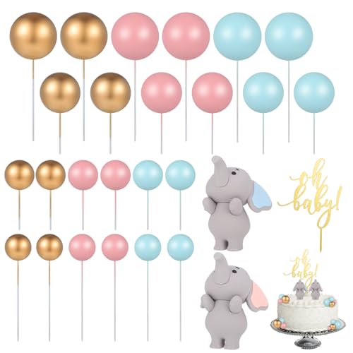 Fanshiontide 27 Stück Elefant Tortendeko Kugeln Tortendeko Schaumkugeln mit Oh Baby Cake Topper Elefant Kuchen Topper DIY Kuchen Deko für Jungen Mädchen Babyparty Geburtstag(Rosa/Blue/Gold) von Fanshiontide