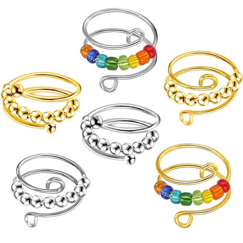 Fanshiontide 6 Pcs Anxiety Ring Verstellbare Anxiety Ring Damen Fidget Angst Ringe Set, Linderung von Ängsten und Antistress Ringe für Frauen und Herren Anti Stress Ängstlichkeit Entlastung von Fanshiontide