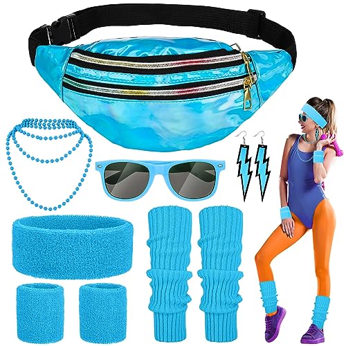 Fanshiontide 80er Jahre Outfit Damen Blau Set Enthalten Ohrring Halskette Bauchtasche Stirnband Armband Sonnenbrille Beinlinge 80er Jahre Kleidung Kostüm Neon Accessoires für Karneval Thema Party von Fanshiontide