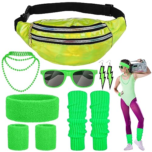 Fanshiontide 80er Jahre Outfit Damen Grün Set Enthalten Ohrring Halskette Bauchtasche Stirnband Armband Sonnenbrille Beinlinge 80er Jahre Kleidung Kostüm Neon Accessoires für Karneval Thema Party von Fanshiontide