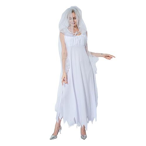 FantastCostumes Damen Geisterbraut Kostüm Weiß Schleier Kapuze Umhang Kleid Erwachsene Halloween Party Kostüm von FantastCostumes