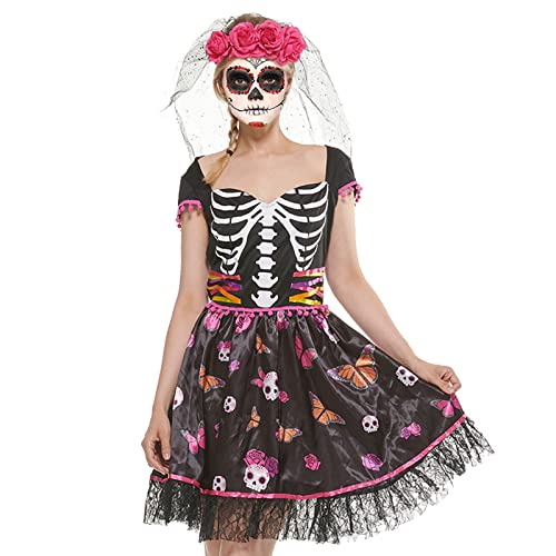 FantastCostumes Damen Tag der Toten Kostüm Sugar Skull Dia De Los Muertos Kleid Kostüme mit Rosenschleier L von FantastCostumes