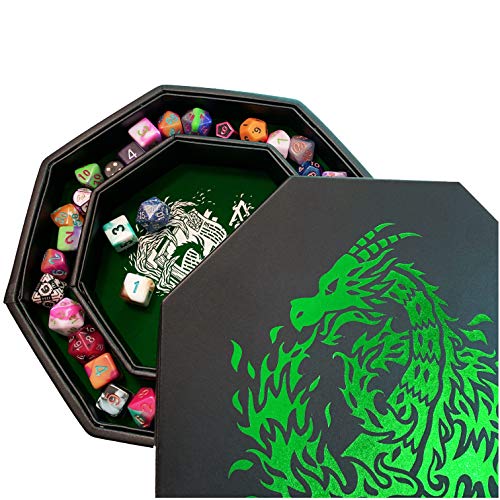 Fantasydice Green Fire Dragon Dice Tray with Wizard Book Print – 23CM Octagon with Dice Staging Area, Holds 5 Dice Sets – Perfect for D&D, Call of Cthulhu, Shadowrun, and All Tabletop RPGs von Fantasydice