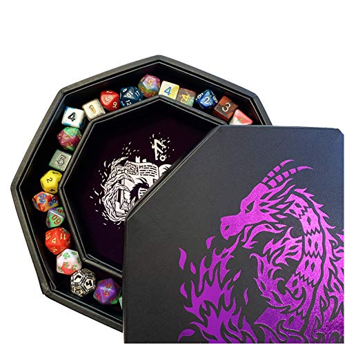 Fantasydice - Lila – Feuerdrache – Würfelablage – 20,3 cm Achteck mit Deckel und Würfel-Bereich – für 5 Sets Würfel (7/Standard) für alle Tisch-RPGs wie D&D, Call of Cthulhu, Shadowrun. von Fantasydice