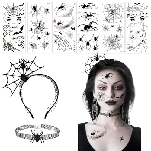 Fantasyon Spinne Haarreifen, Halsketten Spinnen Haarschmuck Frauen mit 6 Blätter Halloween Tattoos Spinne, Halloween Spinne Haarband Spinnweben Stirnband Halskette Spinnen Halloween Temporäre Tattoos von Fantasyon