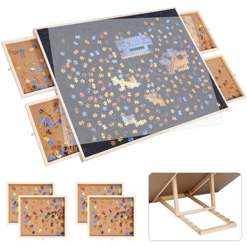 Puzzlebrett aus Holz mit Ständer, 4 Schubladen, 89,9 x 68,6 cm, Filzkissen-Oberfläche und durchscheinende Abdeckmatte, tragbare Puzzletische für Erwachsene und Kinder (mit Ständer), 1500 Teile von Fantasyon