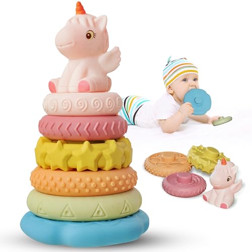 Fantocemea Baby Stapeln Spielzeug 7 Stück Set, Montessori Early Learning Spielzeug, Rosa Pony Squeeze Spielzeug Stacking Ringe für 6 12 18 Monate Baby Geschenk Mädchen von Fantocemea