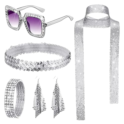 Fanysdsi Disco-Halskette, Disco-Schmuck für Frauen der 70er Jahre | 1970er Jahre Disco-Zubehör Disco-Set | Pailletten-Halsband, Ohrringe, Armband, Stirnband, Sonnenbrille für von Fanysdsi