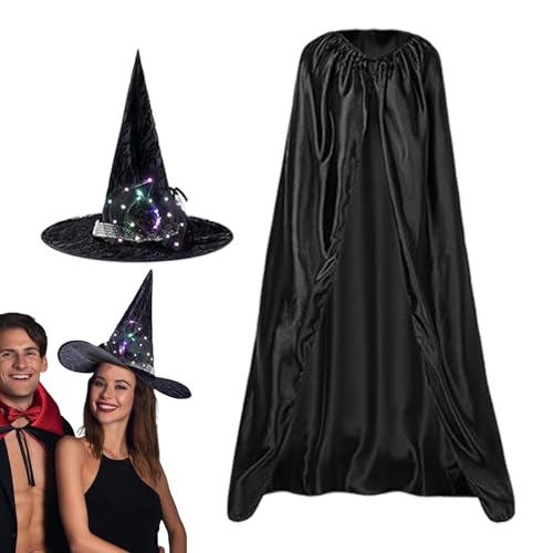 Fanysdsi Halloween Cape Set,Halloween Hexen Cape,Halloween-Kostüme Hexenumhang Hexenumhang | Schwarzes Cape-Set mit leuchtendem Hexenhut, Halloween-Kostüme für Erwachsene für Kostüm-Rollenspiele, von Fanysdsi