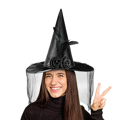 Fanysdsi Halloween Hexenhut,Halloween Frauen Hexenhut,Halloween-Hut-Zauberer-Kostüm | Partyhüte, Foto-Requisiten mit Halbschleier, Federrosenhut mit breiter Krempe, Halloween-Kostümzubehör von Fanysdsi