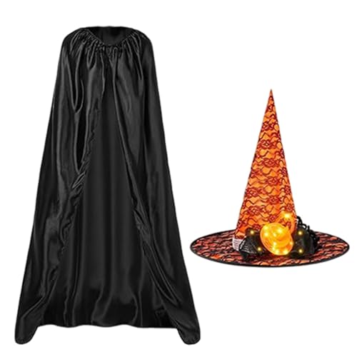 Fanysdsi Halloween-Umhänge für Erwachsene, Halloween-Umhang-Set,Zaubererumhang Hexenumhang | Schwarzes Cape-Set mit leuchtendem Hexenhut, Halloween-Kostüme für Erwachsene für Kostüm-Rollenspiele, von Fanysdsi