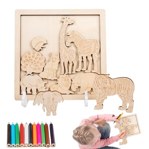 Fanysdsi Holztiere-Puzzle, Holzpuzzles für Kinder,Tierpädagogische Spielzeugpuzzles für Kleinkinder - Kreative -Lernrätsel für Kinder, Ausmalen mit Malstift, zum Basteln von Fanysdsi