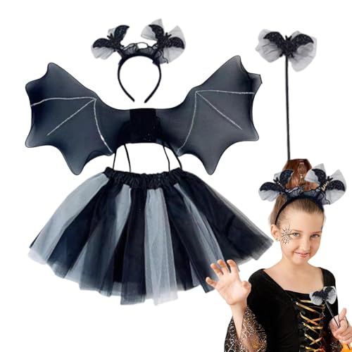 Fanysdsi Kinder Halloween Kleidung Requisiten,Halloween Teufel Fledermaus Kostüm - Kostüm-Requisiten-Zubehör-Set | Gotische schwarze Feder mit bösen Hörnern für Halloween, Weihnachten, Ostern von Fanysdsi